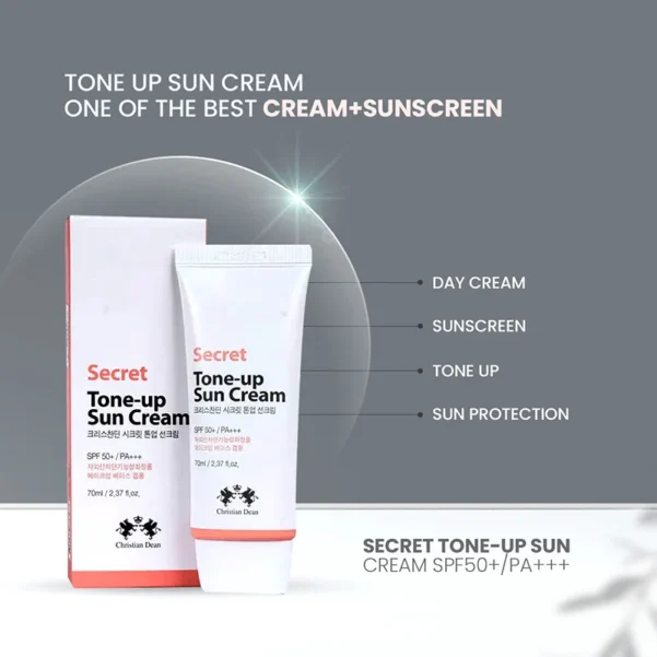"Christian Dean Secret Tone Up Sun Cream ৭০ মি.লি, SPF ৫০+ PA+++ সহ ত্বক উজ্জ্বলতা ও সূর্যের ক্ষতিকর রশ্মি থেকে সুরক্ষার কোরিয়ান সানস্ক্রিন পণ্য।"