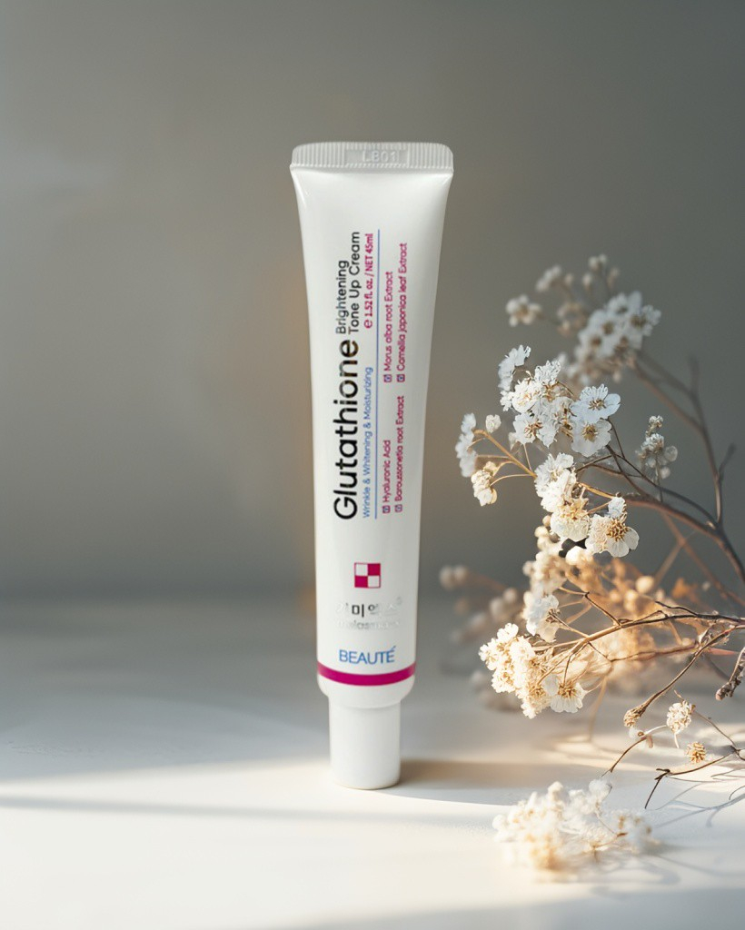 “Beaute Melasma‑X Glutathione Brightening Tone‑Up Cream 45 মি.লি.: সাদা টিউব ও সাদা বাক্সে গোলাপি এবং লাল রঙের টেক্সট ও লোগো, ত্বক উজ্জ্বলতা, মেলাসমা ও দাগ হ্রাসে সহায়ক।”